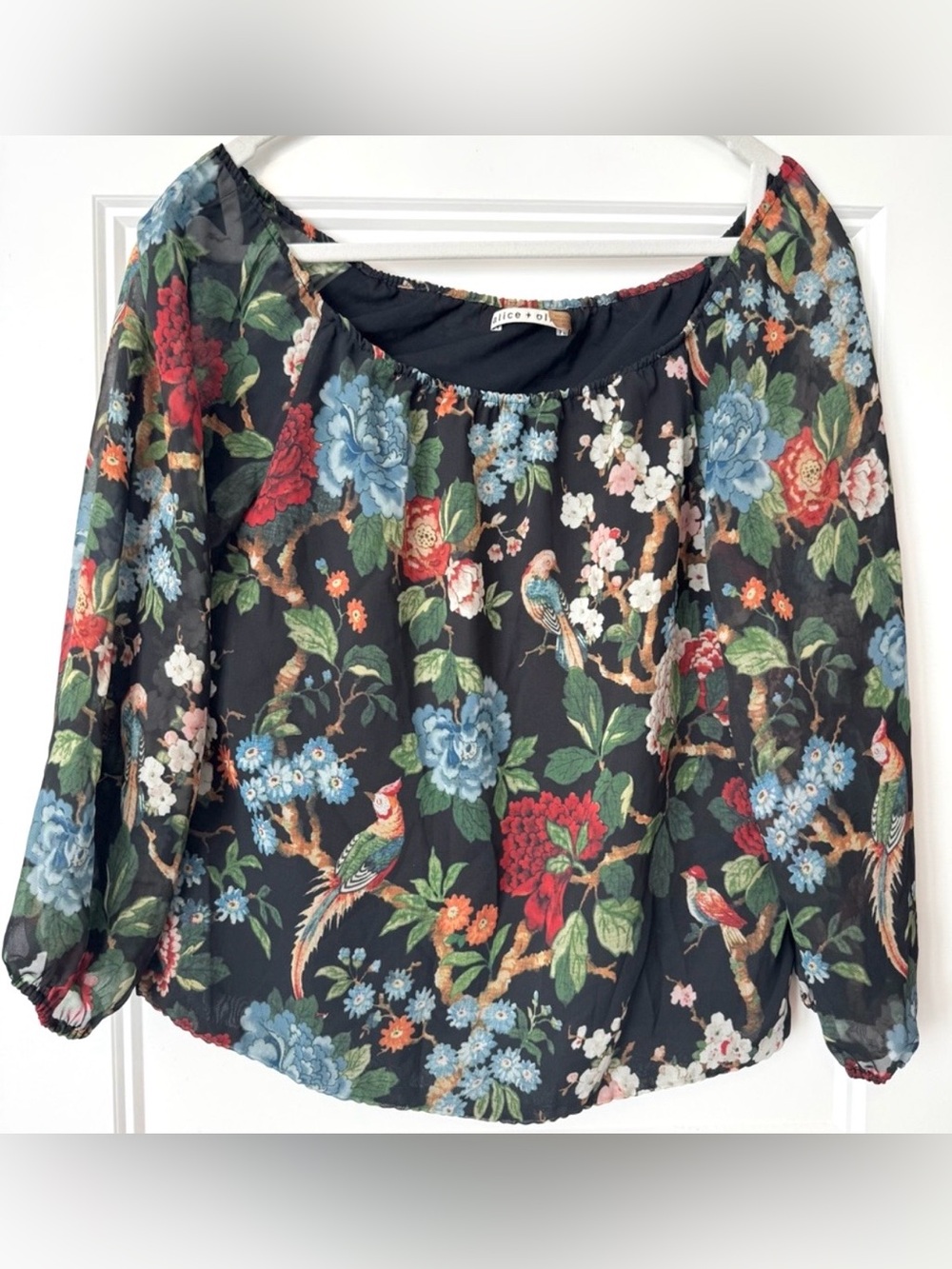 Alice + Olivia Black Floral & Bird Print Peasant Blouse